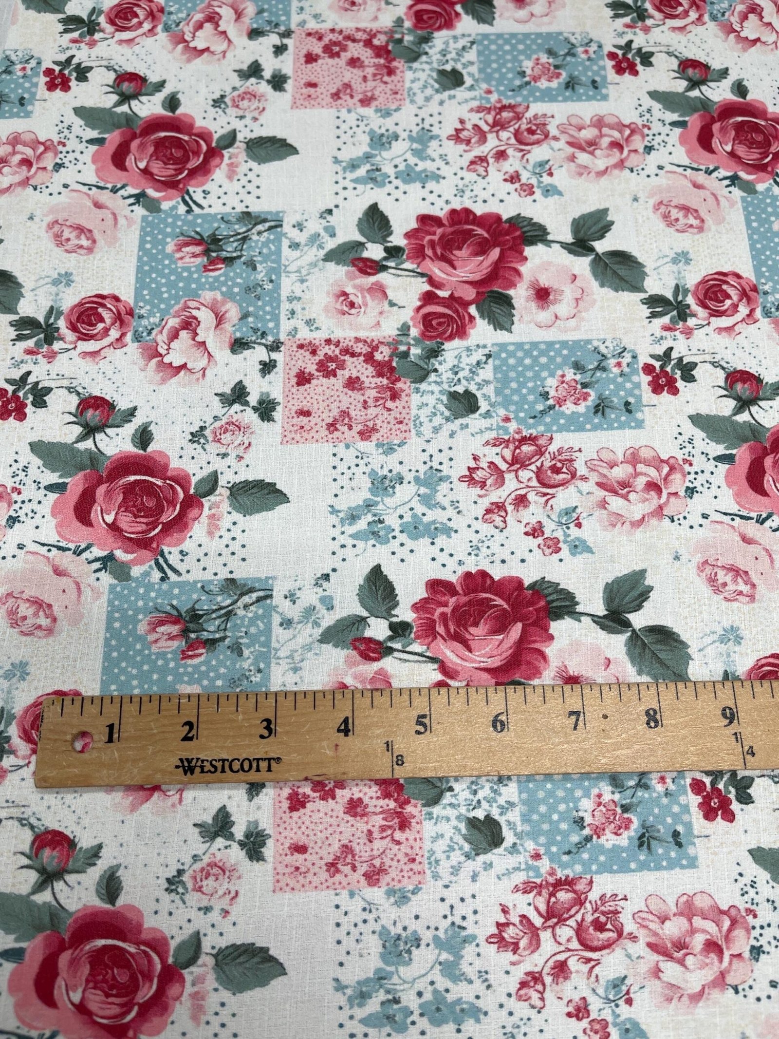 Vintage Rose Patchwork Fabric – Romantic Floral Print in Red, Pink, & Blue Textile by the Yard - Image 3