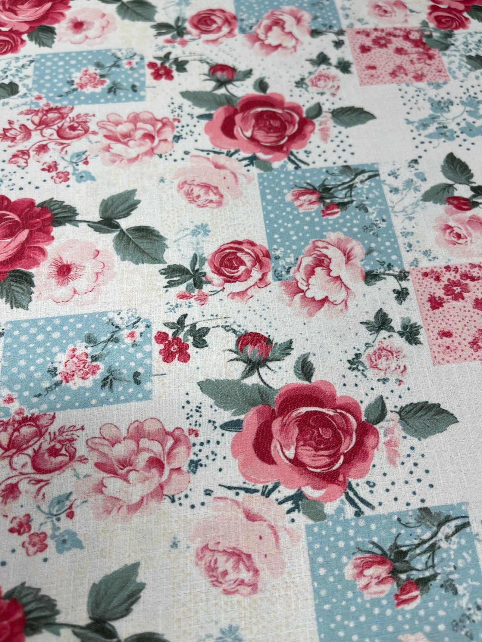 Vintage Rose Patchwork Fabric – Romantic Floral Print in Red, Pink, & Blue Textile by the Yard - Image 4
