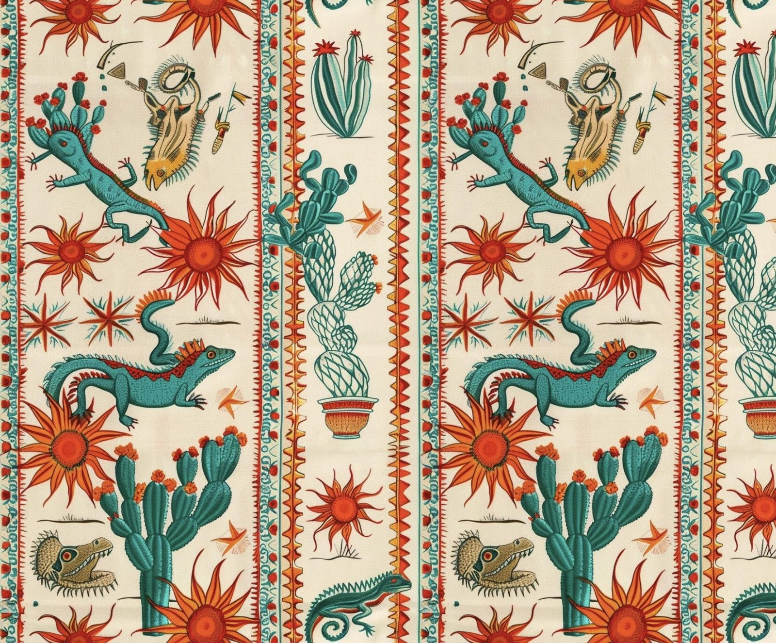 Vibrant Southwestern Desert Fabric – Mexican Inspired Reptile Sun Textile by the Yard
