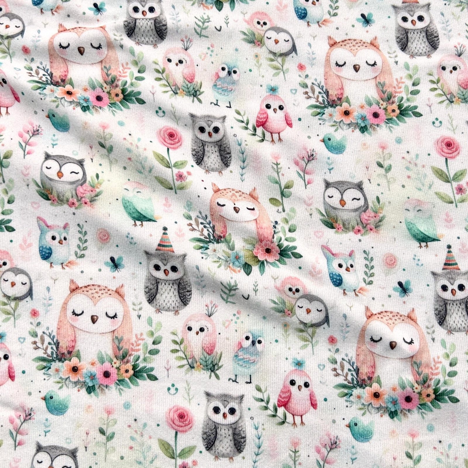 Cute Baby Owl Fabric – Whimsical Woodland Animal Print Kids Textile by the Yard