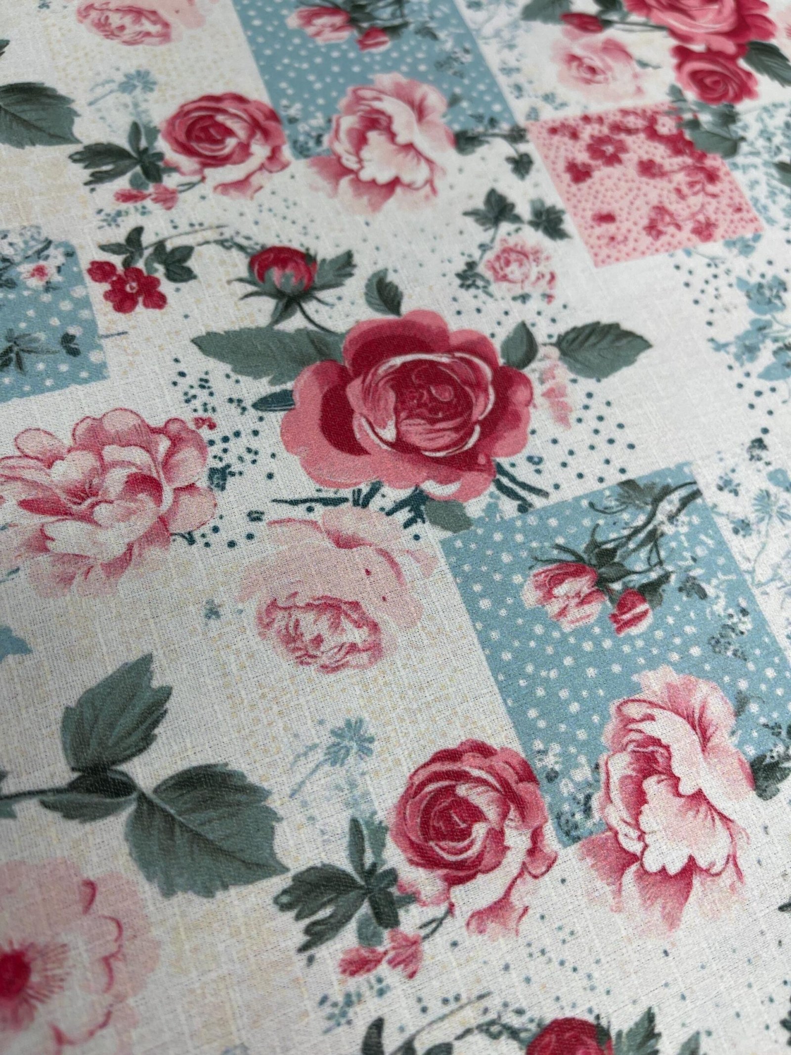 Vintage Rose Patchwork Fabric – Romantic Floral Print in Red, Pink, & Blue Textile by the Yard - Image 5