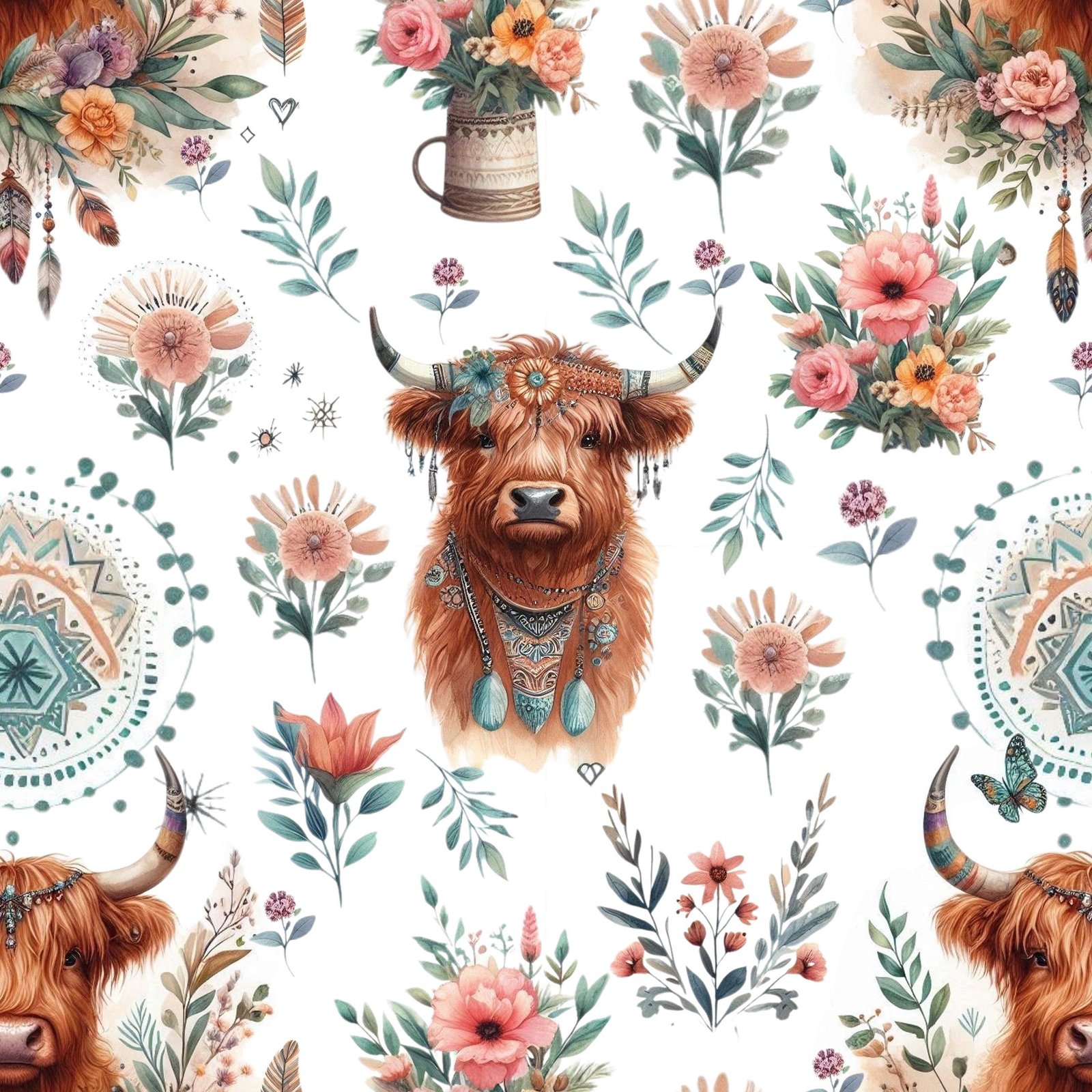 Boho Highland Cow Fabric – Rustic Floral Farmhouse Textile by the Yard