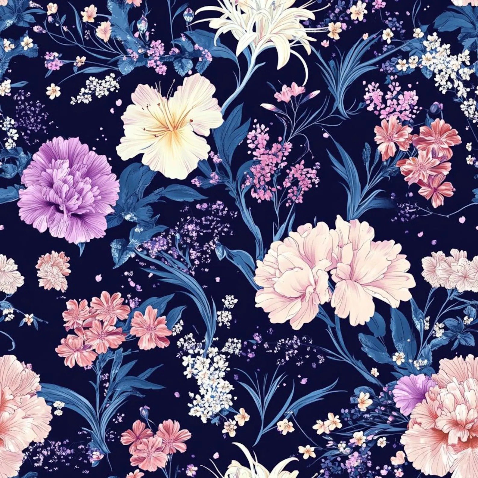 Romantic Japanese Style Night Floral Fabric – 60” Wide Dark Blue Botanical Dress & Home Decor Textile by the Yard