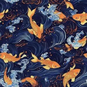 Vibrant Koi Fish Waves Fabric – Elegant Japanese Ocean Print Crafts & Home Decor Textile by the Yard