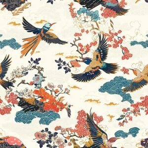 Elegant Colored Japanese Bird Fabric – Vibrant Asian Avian & Botanical Garden Textile by the Yard