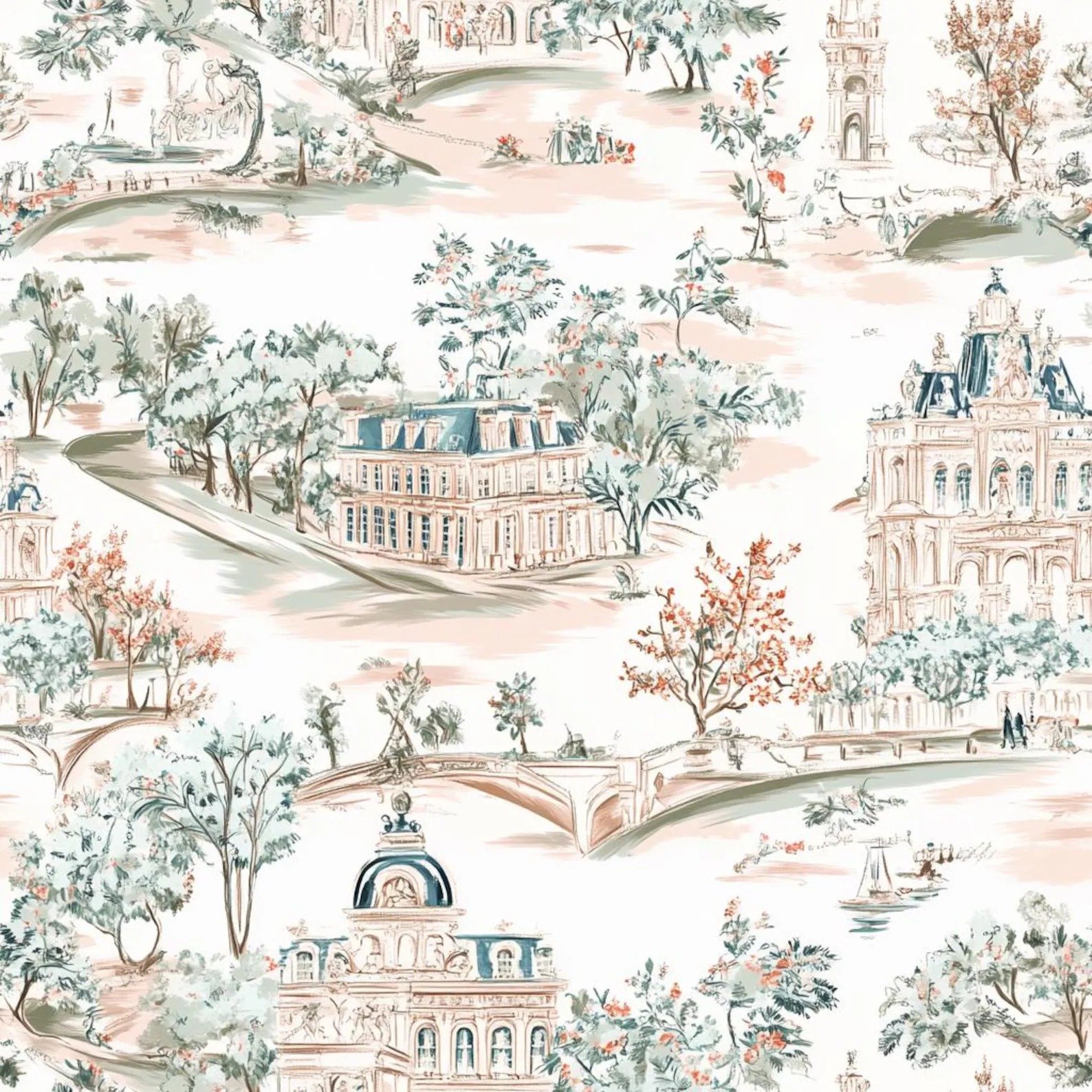 Vintage Architectural Garden Print Fabric – Elegant Landscape Textile with Domes & Bridges