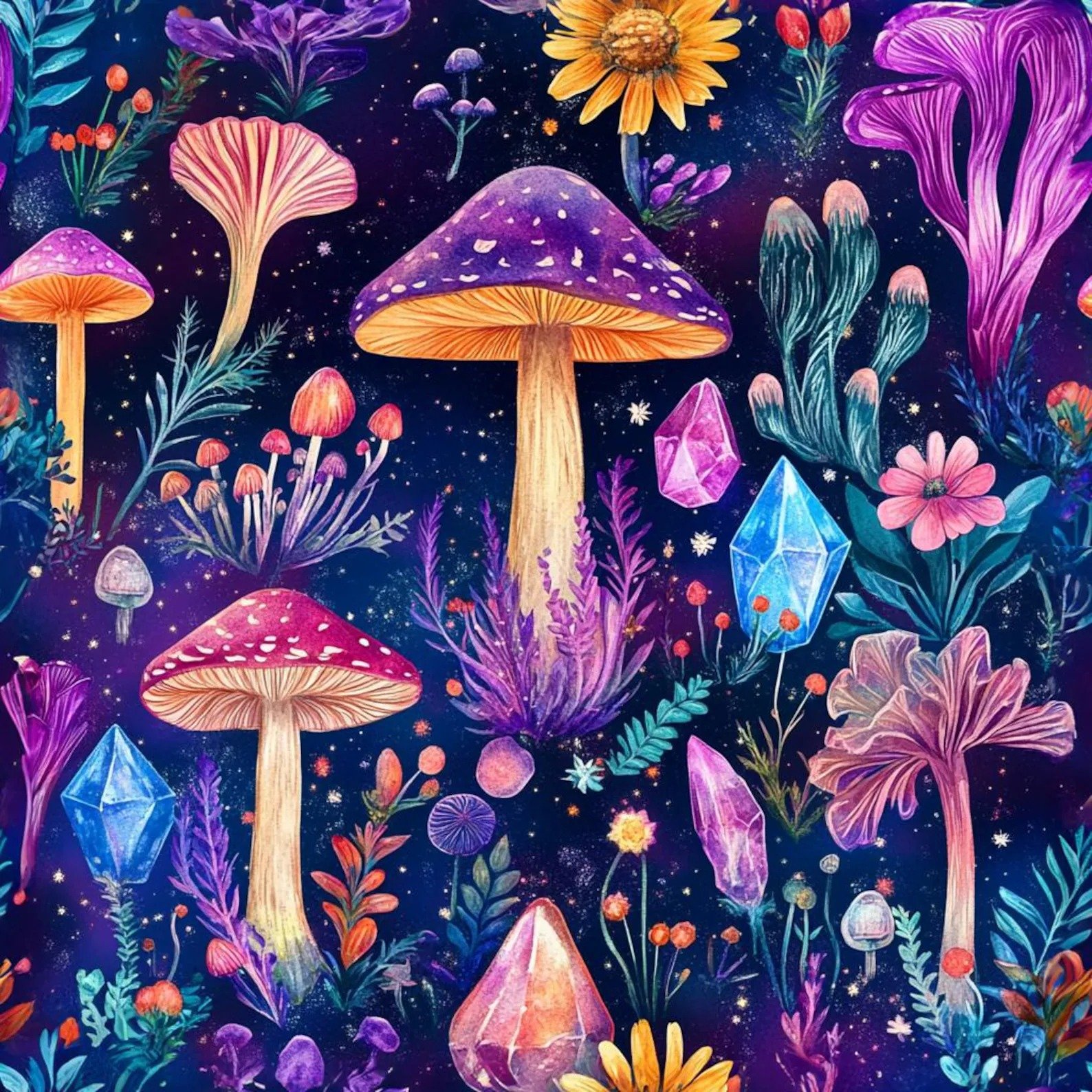Whimsical Mushroom Crystal Fabric – Fantasy Botanical Print Textile by the Yard