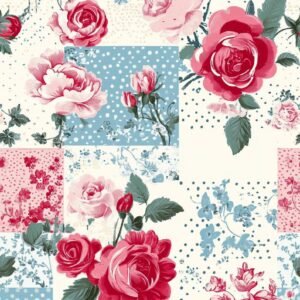 Vintage Rose Patchwork Fabric – Romantic Floral Print in Red, Pink, & Blue Textile by the Yard