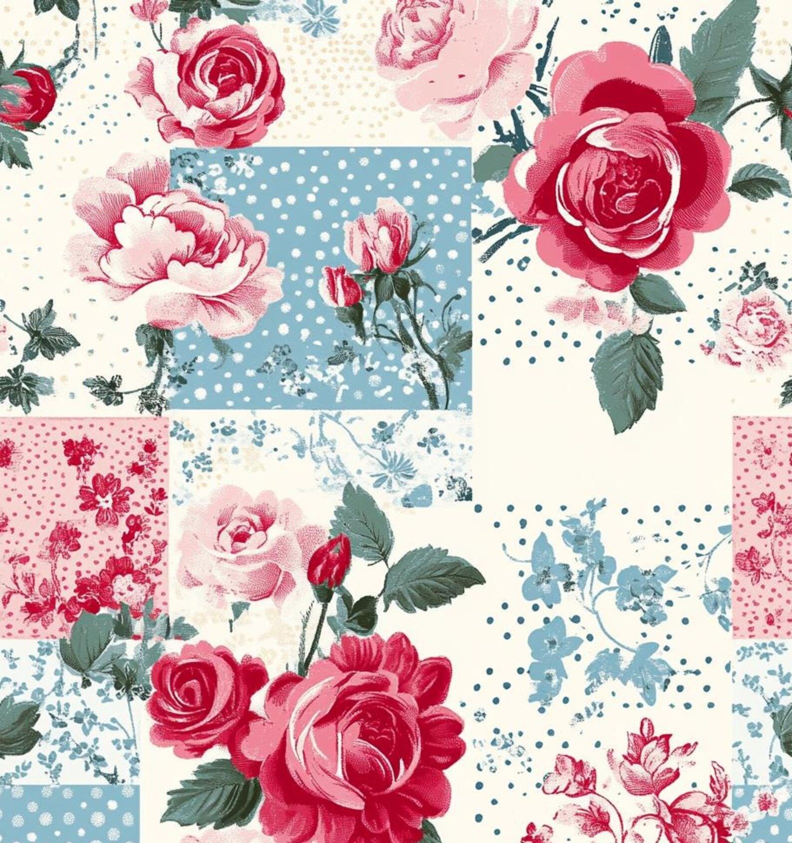 Vintage Rose Patchwork Fabric – Romantic Floral Print in Red, Pink, & Blue Textile by the Yard