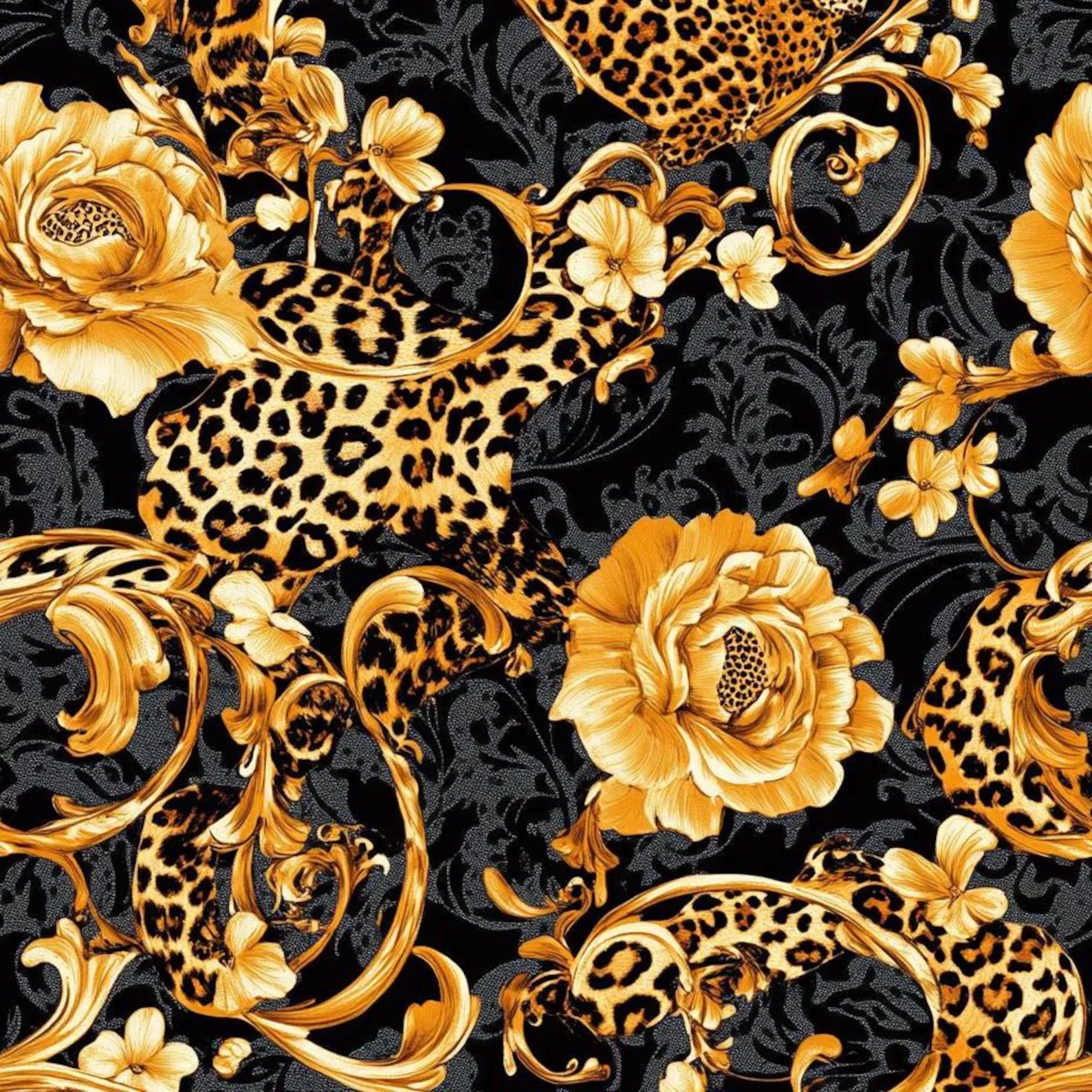 Luxurious Black & Gold Leopard Floral Fabric – Elegant Metallic Animal Print Fashion & Home Decor Textile by the Yard