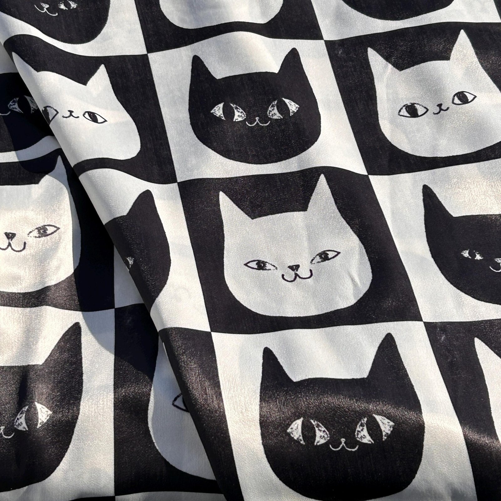 Playful Black & White Cats Pattern Satin Fabric – Luxury Glossy Kitty Textile by the Yard