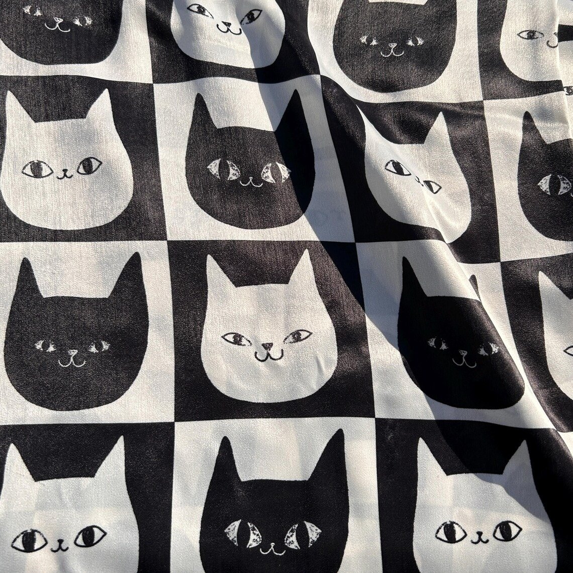 Playful Black & White Cats Pattern Satin Fabric – Luxury Glossy Kitty Textile by the Yard - Image 3